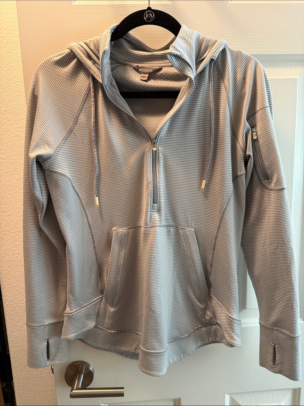 Athleta Light Gray Striped Hooded Half-Zip Women's Sweater